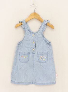 韩单夏款童装    女童肩带花边两侧口袋花刺绣连衣裙     D1F