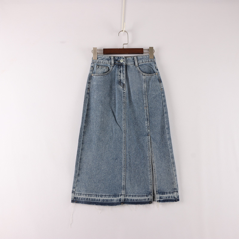 两色左侧开叉柔软折痕半身裙