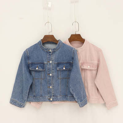 圆领假口袋翻盖短款纯棉牛仔外套