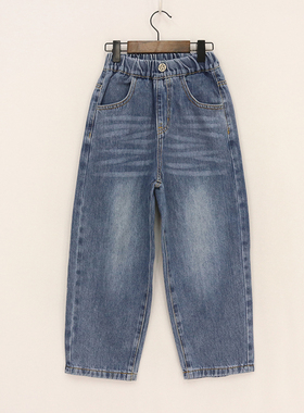 内销童装   女童松紧腰后口袋粉花朵老爹裤宽松牛仔裤   DD