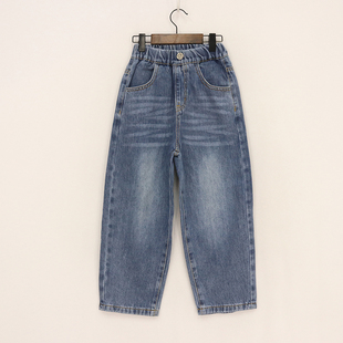 宽松牛仔裤 内销童装 女童松紧腰后口袋粉花朵老爹裤