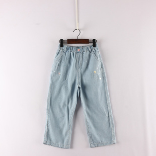 内销夏款童装   女童松紧腰竖条亮片薄棉阔脚牛仔九分裤  D1L