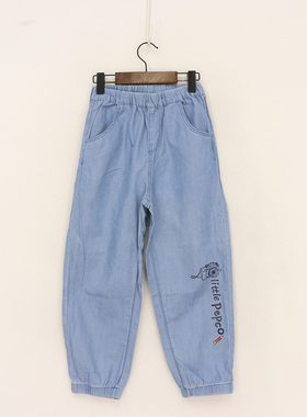 内销春夏薄款童装 左裤腿黑色相机字母莱赛尔牛仔束口裤   DD