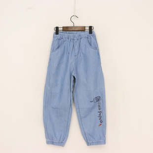 内销春夏薄款童装 左裤腿黑色相机字母莱赛尔牛仔束口裤   DD