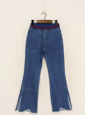 B春秋款童装   女童螺纹腰两侧裤脚开叉缺口毛边喇叭裤  D1M