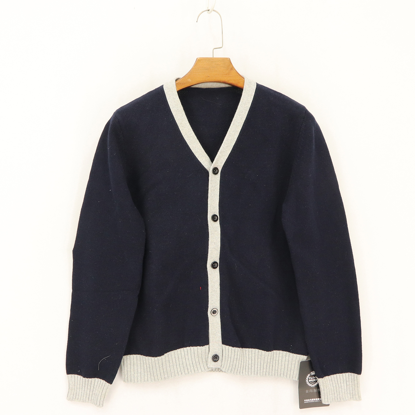 蓝底灰色边排扣开衫针织外套