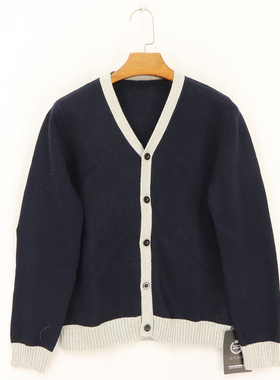 内销春秋款童装   大童V领蓝底灰色边排扣开衫针织外套   8c-2-3