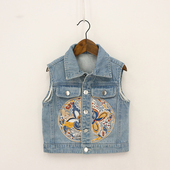 内销春秋款 女童两侧国风刺绣花蝴蝶牛仔马甲 童装