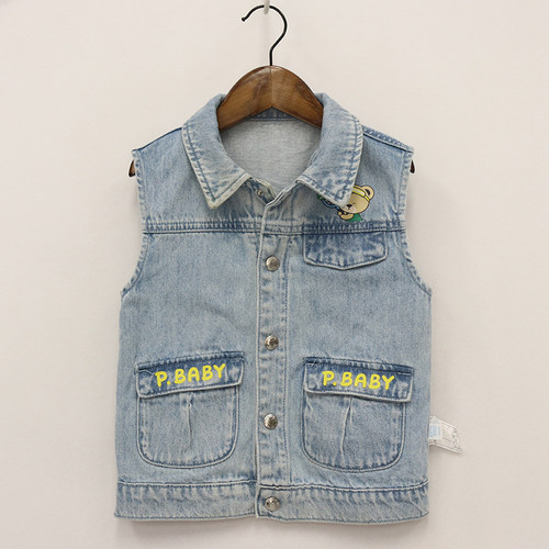 小童翻盖口袋磨破百搭牛仔马甲