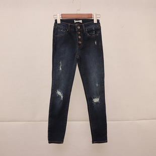 -春秋款童装 女童修身小脚弹力磨破洞四粒扣牛仔裤 欧美单