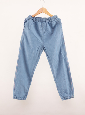 B春款童装女童薄款侧边嵌粉条浅蓝纯棉松紧高腰束口牛仔裤DD