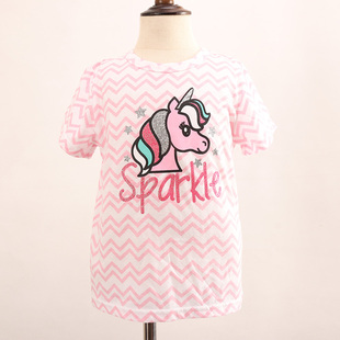 欧美夏季新品童装 女童粉白波浪纹胸前带钻马头图案短袖T恤