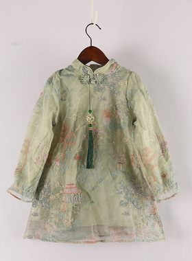 春秋款童装汉服 女童国风新中式旗袍山河图长袖连衣裙    97B-1-2