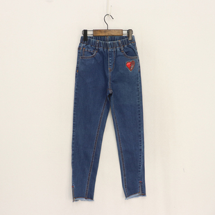 春秋款童装  女童左侧亮片爱心弹力修身毛边开叉小脚牛仔裤  D1M