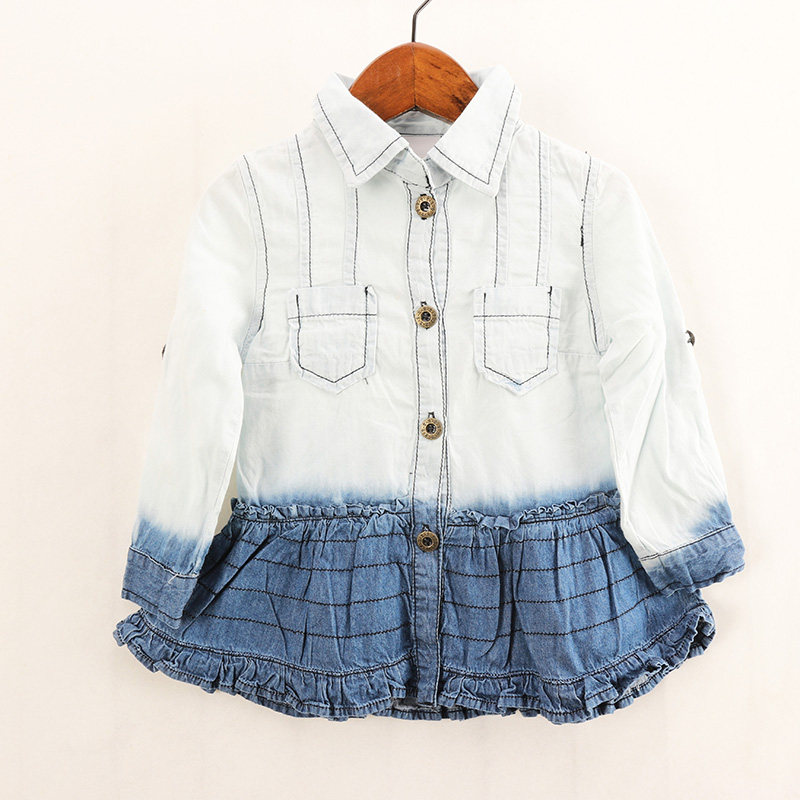 内销单春秋款童装    女童个性渐变下摆花边中长款纯棉牛仔衬衣