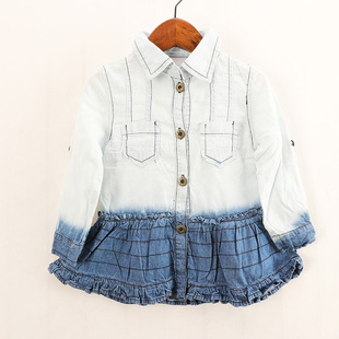 内销单春秋款童装 女童个性渐变下摆花边中长款纯棉牛仔衬衣