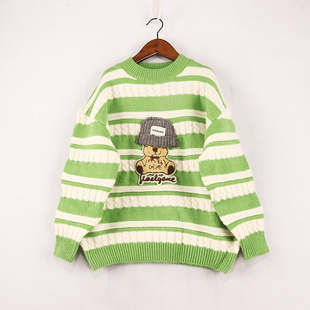 秋冬款 男女童两色条纹拼色立体针织帽卡通线衣 童装