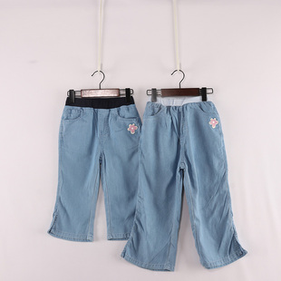 夏款童装    女童左侧花朵七分牛仔薄款侧边开叉喇叭裤   DD