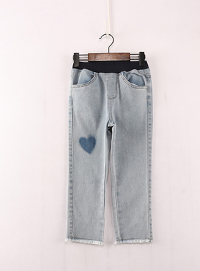 A春秋款童装   女童黑色腰裤腿深印爱心毛边牛仔裤  DD