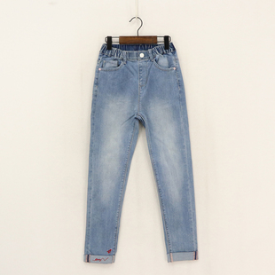 脚卷边红刺绣字母纸飞机图案牛仔裤 女童裤 竖D2c 童装 B春秋款