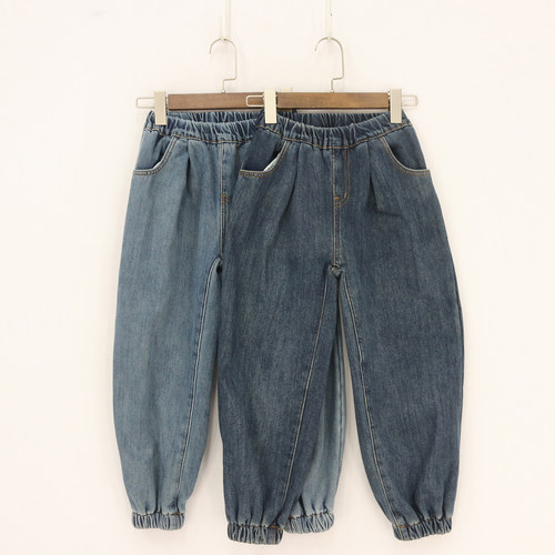 松紧腰假口袋翻盖束口牛仔裤