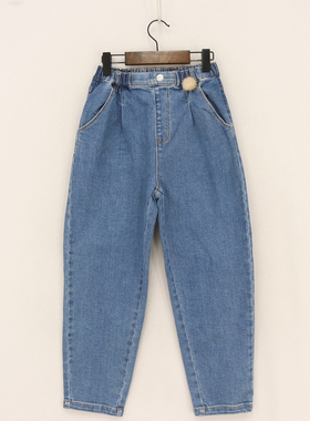 B春秋款童装   女童全松紧前褶皱黄线毛球小脚牛仔裤    DD