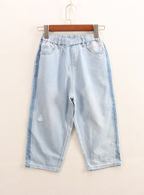 夏季薄款童装中大女童压痕磨破宽松直筒浅蓝牛仔七分裤D1C-7-2
