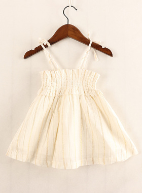 欧美单夏季童装 竖条花苞松紧腰透气吊带短裙纯棉内里（6P-74）