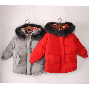 冬款童装男女童两色两面穿内里满印卡通中长款保暖棉衣   95E-2-4