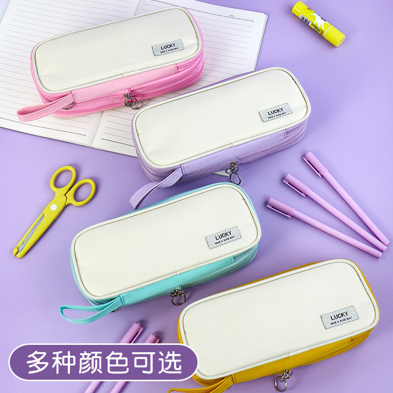莫兰迪拼色大容量伸缩笔袋手提化妆包多功能跨境文具帆布铅笔袋