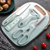 很实惠不锈钢水果刀剪刀菜板削皮器4件套装 家用厨房切水果瓜刨刀