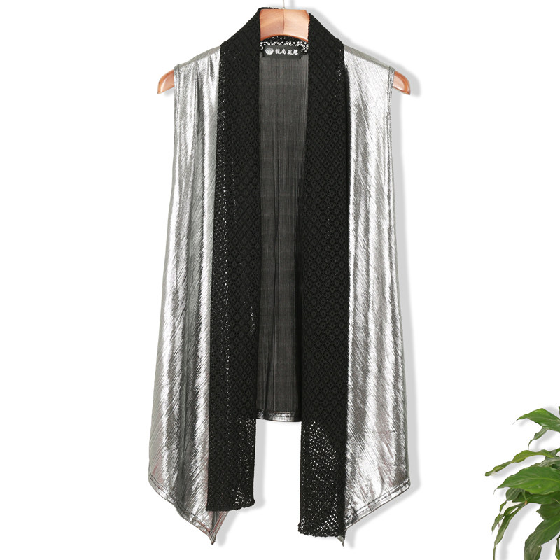 薄款马甲外套帅气拼色中长款马夹披肩外搭2025韩版亮面无扣开衫潮