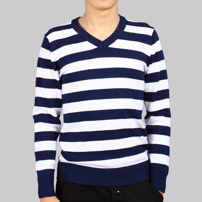 春秋新款男士黑白条纹毛衣韩版修身长袖毛线衣潮流纯棉V领针织衫