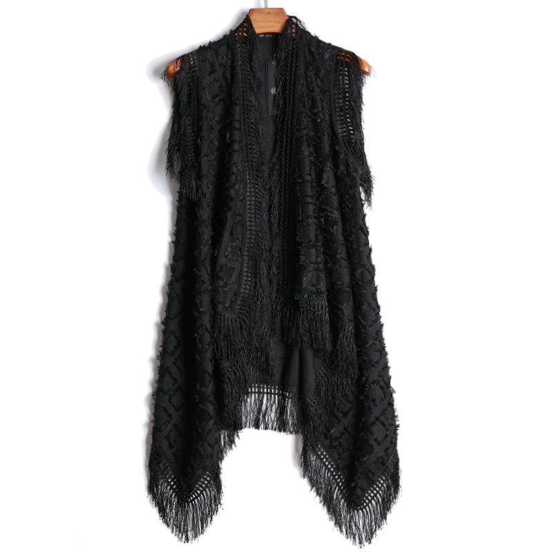 潮流无袖开衫黑色外搭男装个性时尚中长款风衣马甲男流苏披肩外套