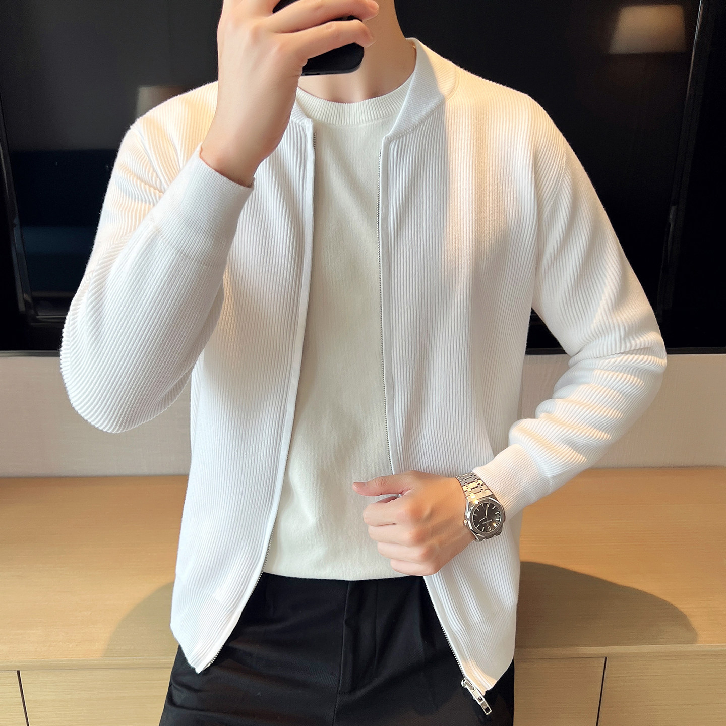 春秋毛衣开衫男新款棒球领双拉链外搭高弹力罗纹针织衫男毛线外套,男装,针织衫/毛衣,淘宝优惠券,粉丝福利购,淘宝优惠卷