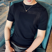 潮流体恤透气半袖 夏季 上衣 打底衫 薄款 冰丝男针织t恤修身 镂空短袖