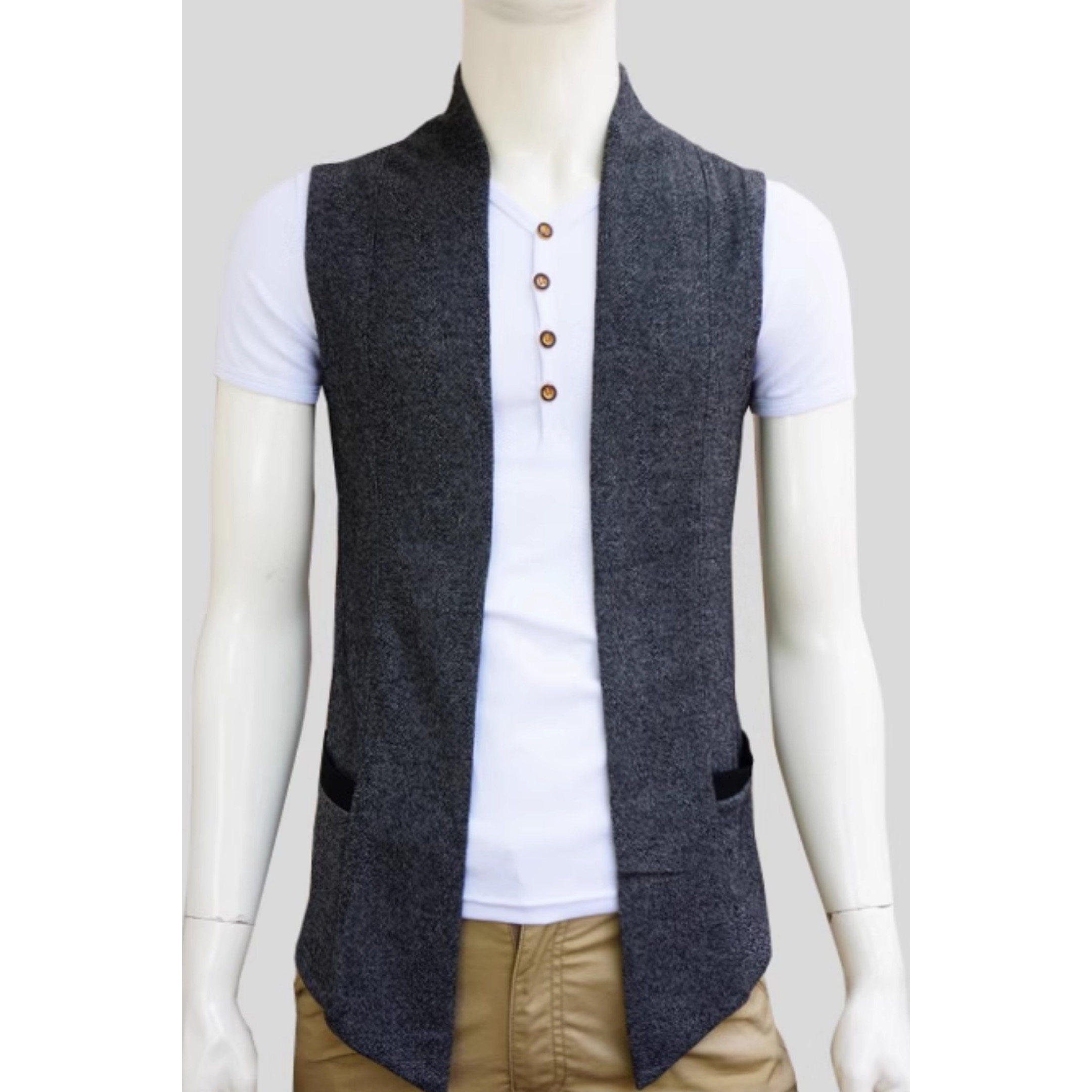 潮流马甲背心男韩版无袖开衫外搭春夏薄款针织马夹黑色无扣外套男