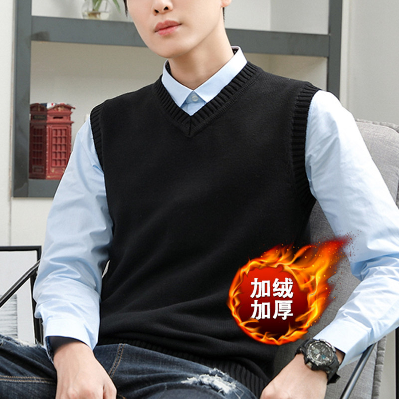 秋冬加绒加厚男毛衣背心潮流休闲毛线坎肩保暖无袖针织衫v领马甲