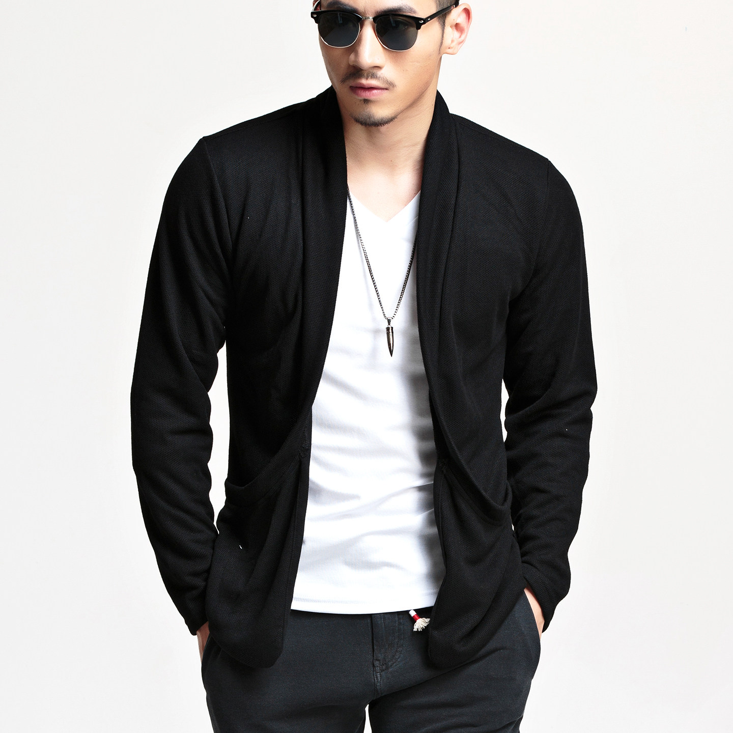 2025春季薄款针织衫外套男潮流修身无扣长袖外衣韩版黑色开衫外搭