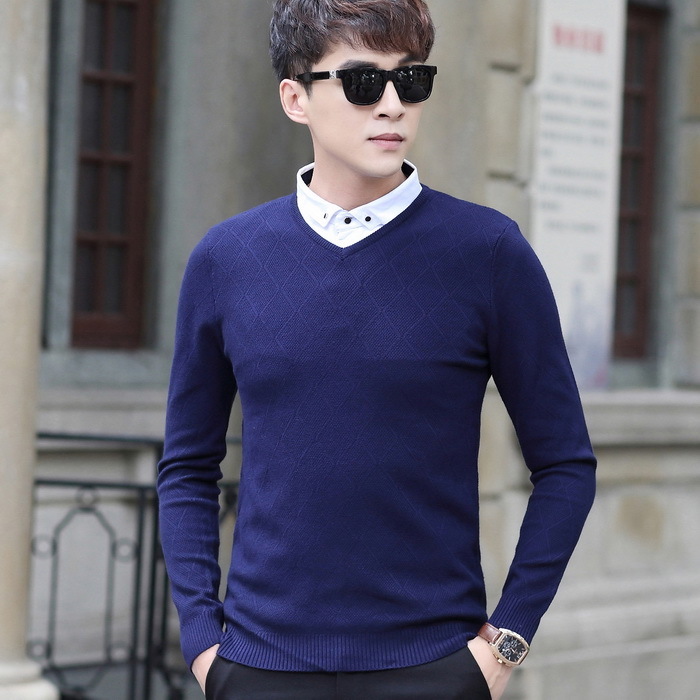 假两件时尚衬衫领青年套头毛衣