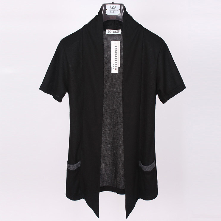 潮男装薄款短袖开衫非主流黑色外套上衣日韩版夏季修身短袖针织衫