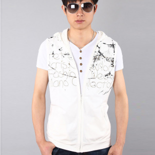 休闲针织马夹潮流男生白色开衫 男士 男式 春装 外套 连帽马甲背心新款