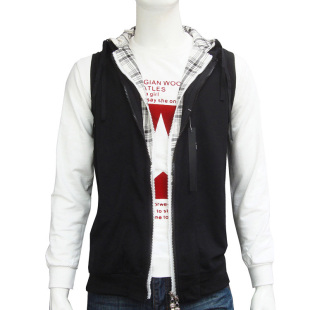 开衫 无袖 拉链外套 休闲马甲男假两件春秋连帽马夹背心韩版 潮流男装