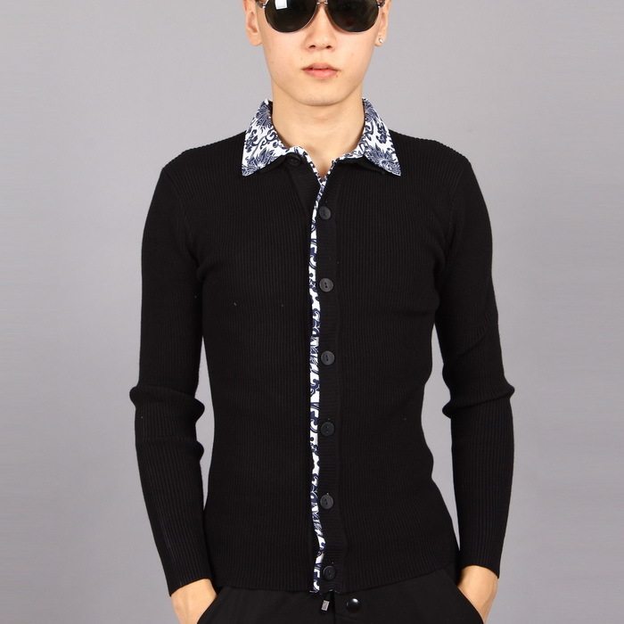 春秋男士拼色紧身毛衣假两件衬衫领羊毛衫韩版男式修身开衫针织衫