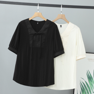 女装 显瘦V领纯色短袖 胖mm夏装 200斤时髦国风衬衫 上衣女 新款 大码