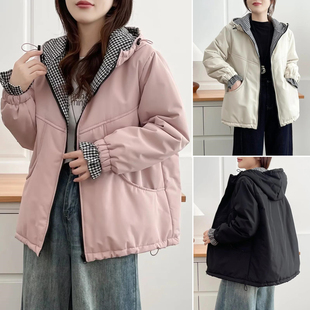 休闲连帽中年格子拼色宽松棉衣藏肉女棉袄 女装 胖妹妹2025冬装 大码