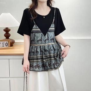 气质假两件印花宽松圆领大码 女上衣短袖 T恤 胖妹妹夏装 2025新款