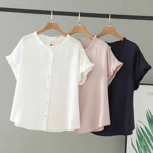 女装 别致衬衫 胖妹妹新款 木耳边纯色大码 圆领上衣女 短袖 2026夏装