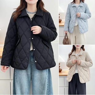 大码 胖妹妹2025冬装 轻薄款 女装 中年棉衣藏肉菱格Polo领棉袄女 新款