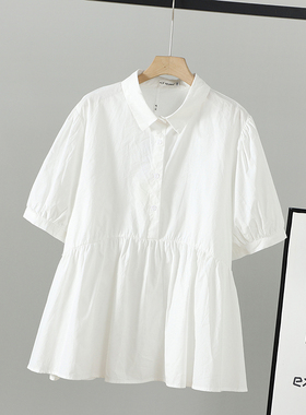 胖mm新款夏装韩版大码200斤白色套头衬衫女设计感短袖POLO领上衣